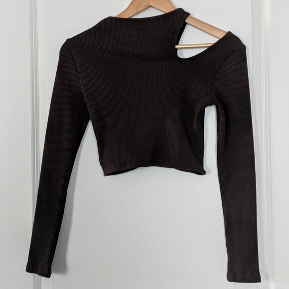Zara Top Women's Large Brown Cropped Ribbed Cut-Out Long Sleeve Asymmetric Shirt - Picture 9 of 13